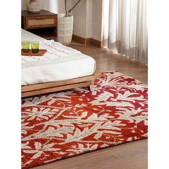 HAND KNOTTED WOOL FLORAL MODERN AREA RUGS - 6'x9', Rectangle Shape, Red Gold Color, Classic Traditional Design, Low Pile Handmade Area Rugs for Living Room, Bed Room (N00925)