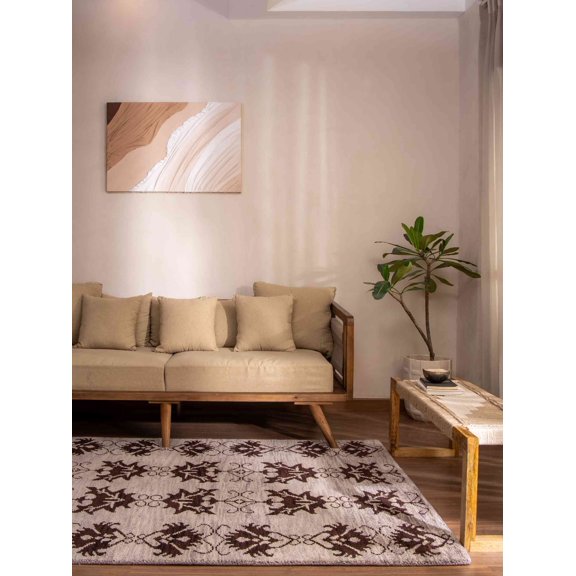 HAND KNOTTED WOOL FLORAL MODERN AREA RUGS - 9'x12', Rectangle Shape, Brown Color, Classic Traditional Design, Low Pile Handmade Area Rugs for Living Room, Bed Room (N00921)
