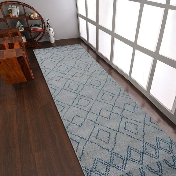 HAND KNOTTED WOOL GEOMETRIC MODERN AREA RUGS - 2'6''x10', Runner Shape, Light Blue Blue Color, Classic Traditional Design, Low Pile Handmade Area Rugs for Living Room, Bed Room (N01117)