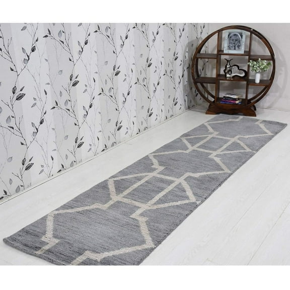 HAND KNOTTED WOOL GEOMETRIC MODERN AREA RUGS - 2'6''x10', Runner Shape, Light Gray White Color, Classic Traditional Design, Low Pile Handmade Area Rugs for Living Room, Bed Room (N00942)