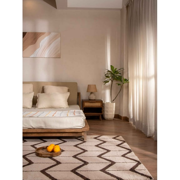 HAND KNOTTED WOOL GEOMETRIC MODERN AREA RUGS - 5'x8', Rectangle Shape, Beige Brown Color, Classic Traditional Design, Low Pile Handmade Area Rugs for Living Room, Bed Room (N01052)