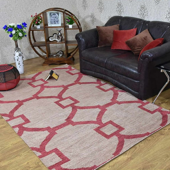 HAND KNOTTED WOOL GEOMETRIC MODERN AREA RUGS - 5'x8', Rectangle Shape, Beige Red Color, Classic Traditional Design, Low Pile Handmade Area Rugs for Living Room, Bed Room (N00944)