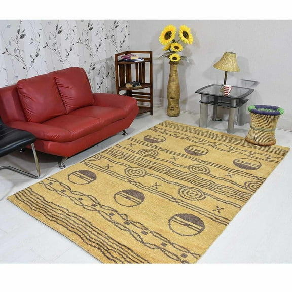 HAND KNOTTED WOOL GEOMETRIC MODERN AREA RUGS - 5'x8', Rectangle Shape, Brown Gold Color, Classic Traditional Design, Low Pile Handmade Area Rugs for Living Room, Bed Room (N00946)