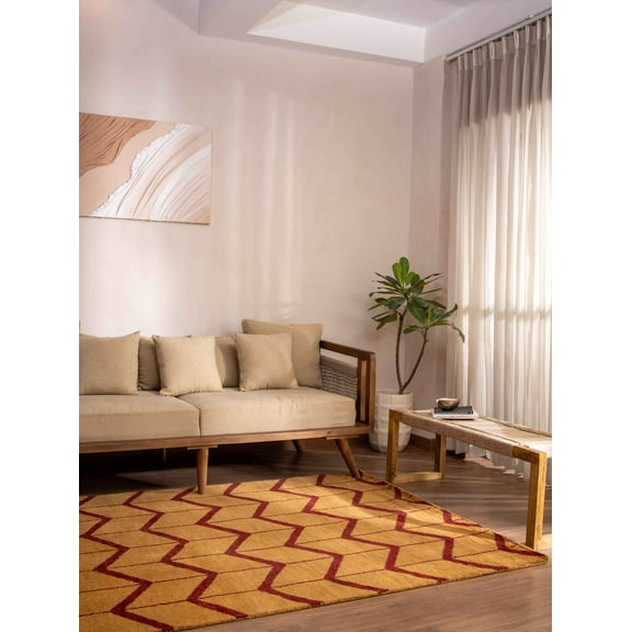 HAND KNOTTED WOOL GEOMETRIC MODERN AREA RUGS - 5'x8', Rectangle Shape, Gold Red Color, Classic Traditional Design, Low Pile Handmade Area Rugs for Living Room, Bed Room (N01052)