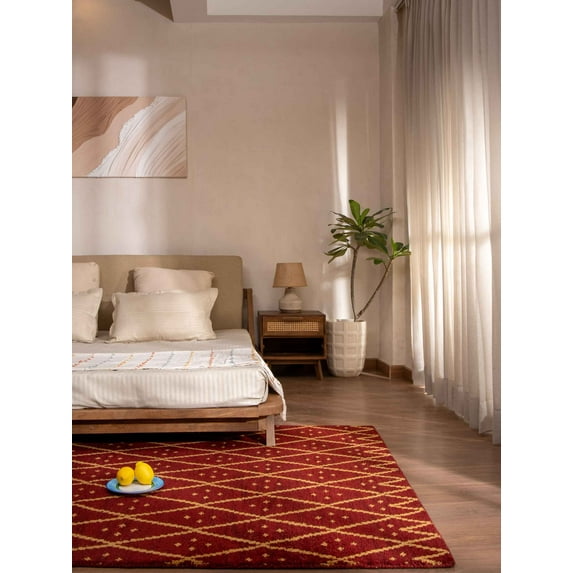 HAND KNOTTED WOOL GEOMETRIC MODERN AREA RUGS - 6'x9', Rectangle Shape, Red Gold Color, Classic Traditional Design, Low Pile Handmade Area Rugs for Living Room, Bed Room (N01118)