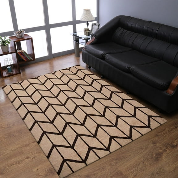 HAND KNOTTED WOOL GEOMETRIC MODERN AREA RUGS - 8'x10', Rectangle Shape, Beige Brown Color, Classic Traditional Design, Low Pile Handmade Area Rugs for Living Room, Bed Room (N01052)