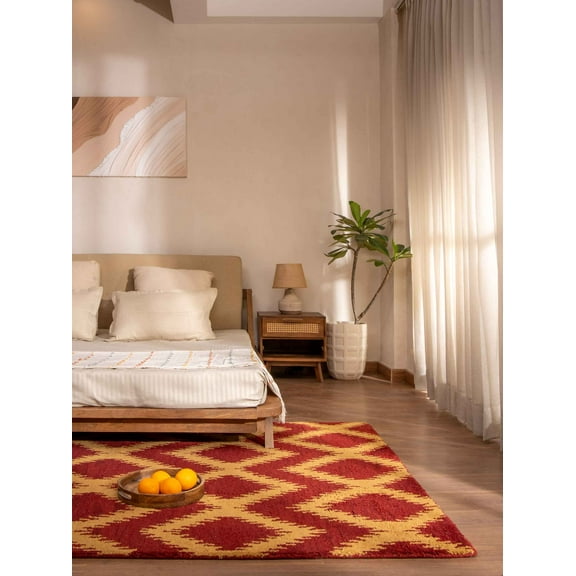 HAND KNOTTED WOOL GEOMETRIC MODERN AREA RUGS - 8'x10', Rectangle Shape, Red Gold Color, Classic Traditional Design, Low Pile Handmade Area Rugs for Living Room, Bed Room (N00165)