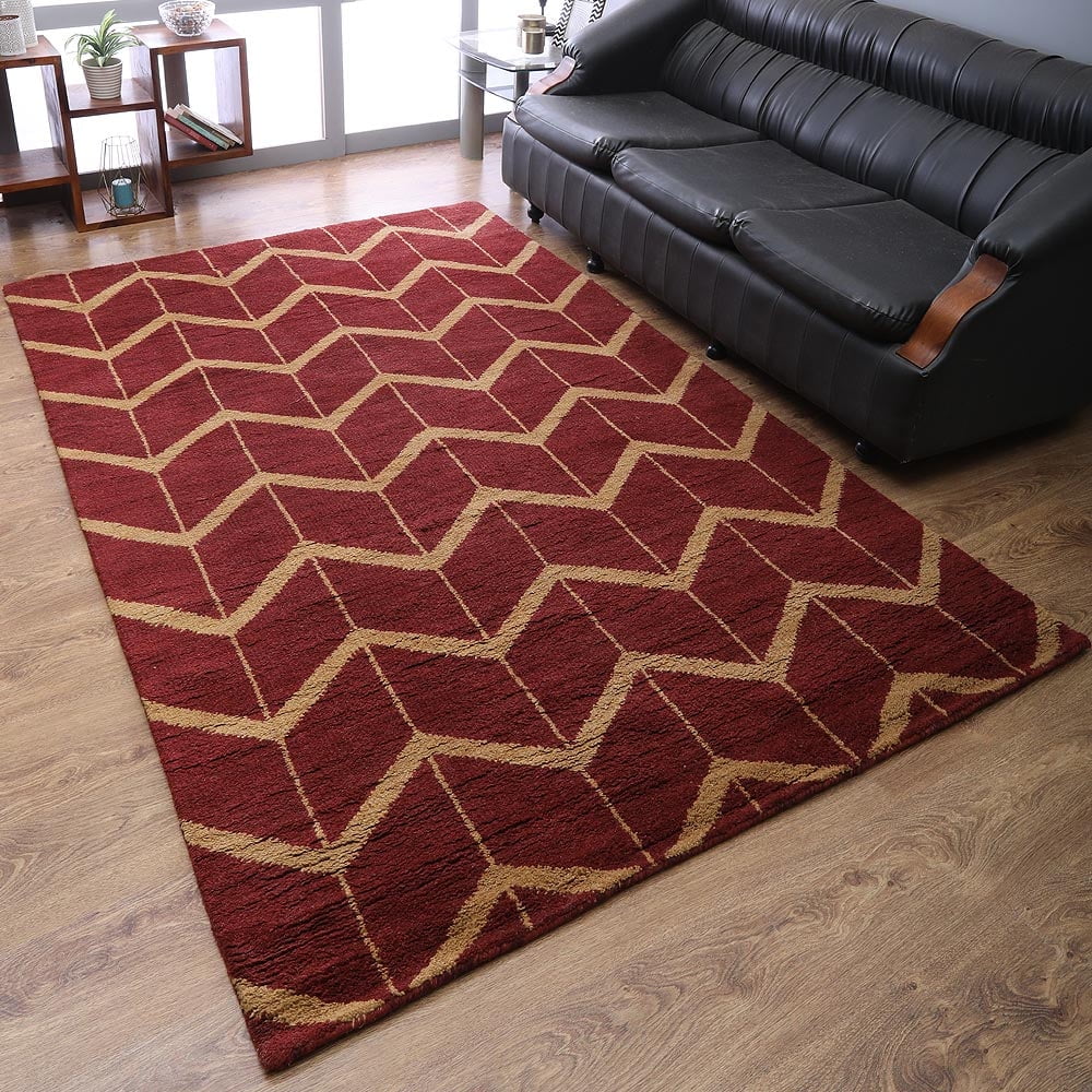 Hand-Knotted Red and Gold Wool Geometric 9'x12' Area Rug