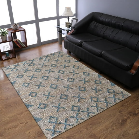 HAND WOVEN FLAT WEAVE KILIM JUTE ECO-FRIENDLY AREA RUGS - 4'x6', Rectangle Shape, Beige Light Blue Color, Geometric Pattern, High Pile, Natural Fiber, Handmade Area Rugs for Living Room (J00086)