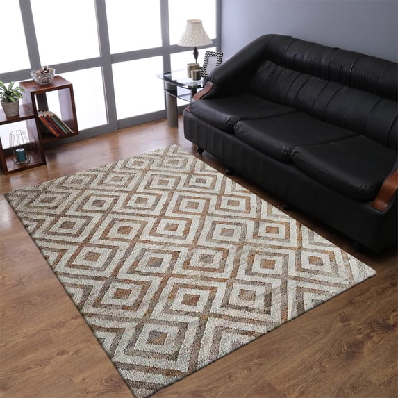 HAND WOVEN FLAT WEAVE KILIM JUTE ECO-FRIENDLY AREA RUGS - 6'x9', Rectangle Shape, White Beige Color, Geometric Pattern, High Pile, Natural Fiber, Handmade Area Rugs for Living Room (J00028)