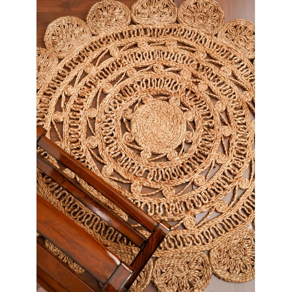 HAND WOVEN JUTE ECO-FRIENDLY AREA RUGS - 4'x4', Round Shape, Beige Color, Oriental Pattern, High Pile, Natural Fiber, Outdoor Indoor Handmade Area Rugs for Living Room, Bed Room (J00072)