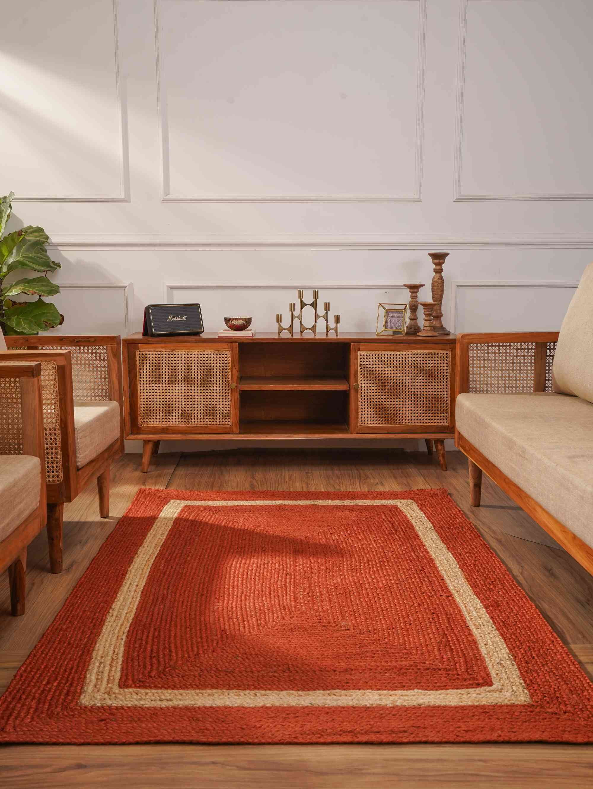 HAND WOVEN JUTE ECO-FRIENDLY AREA RUGS - 4'x6', Rectangle, Orange, High Pile, Natural Fiber, Handmade Area Rugs for Living Room, Bed Room (J00025)