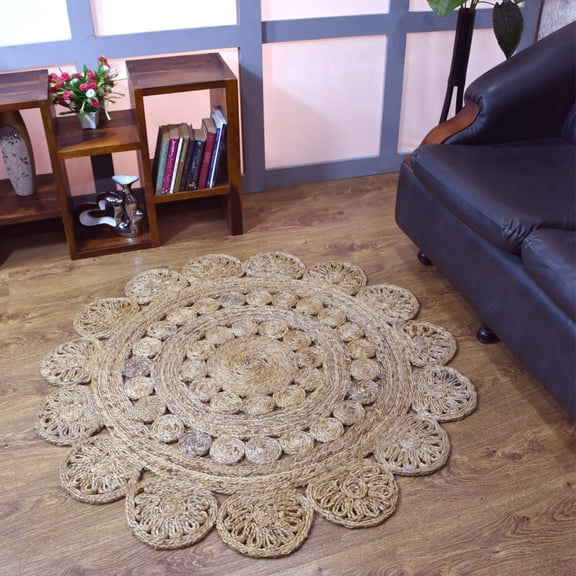 Rugsotic Carpets Hand Woven Jute Eco-Friendly 6'7''x6'7'' Area Rugs Round Beige Oriental High Pile Natural Fiber Outdoor Indoor Handmade Rug for Living Room, Bedroom J00005