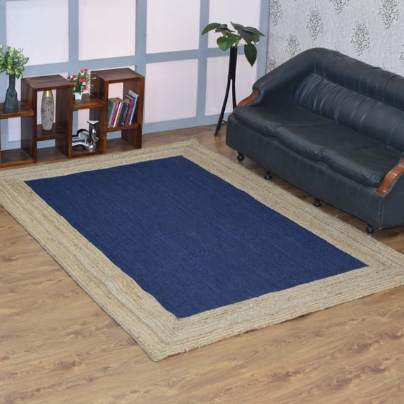 HAND WOVEN JUTE ECO-FRIENDLY AREA RUGS - 6'x9', Rectangle Shape, Blue Beige Color, Contemporary Pattern, High Pile, Natural Fiber, Outdoor Indoor Handmade Area Rugs for Living Room, Bed Room (J00026)