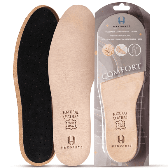 HANDARTE Leather Sockless Shoe Insoles | Thin Dress Shoe Inserts for Men | 100% Natural Goatskin - ChromeFree, Anti Sweat & Anti-Odor (US W10/M8.5 | EU42)