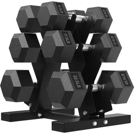 HANDBODE 105 lb Dumbbell Set Rubber Encased Hex Dumbbells with Rack, Home Gym Free Weights Set (12.5 lb, 17.5 lb, 22.5 lb Pairs) for Strength Training