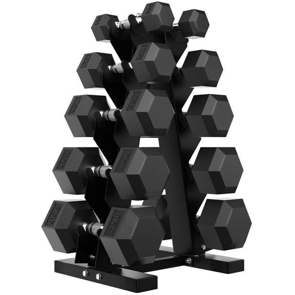 HANDBODE 165 lb Dumbbell Set Rubber Encased Hex Dumbbell Free Weights Dumbbells Set Home Weight Set with Rack 5 * 2 / 10 * 2 / 17.5 * 2 / 22.5 * 2 / 27.5 * 2