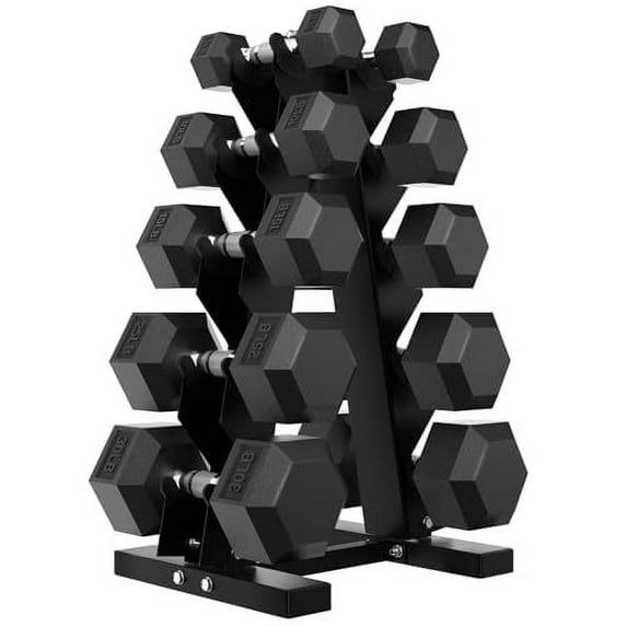 HANDBODE 170 lb Dumbbell Set Rubber Encased Hex Dumbbell Free Weights Dumbbells Set Home Weight Set with Rack 5 * 2 / 10 * 2 / 15 * 2 / 25 * 2 / 35 * 2