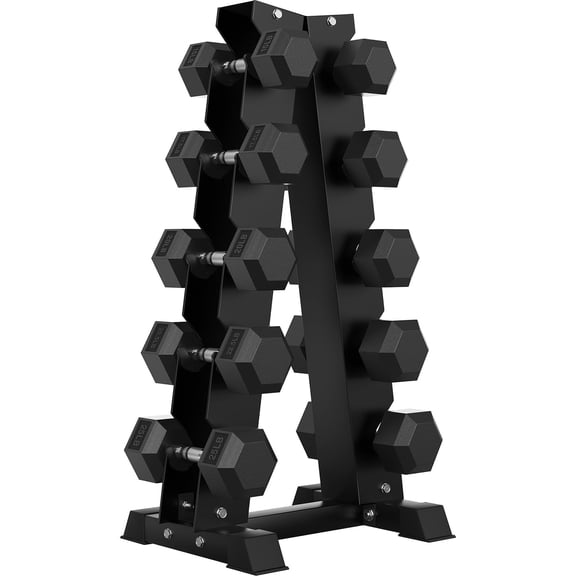 HANDBODE 200 lb Dumbbell Set Rubber Encased Hex Dumbbell Free Weights Dumbbells Set Home Weight Set with Enlarged A-Frame Rack (Pair of 15/17.5/20/22.5/25 lb)