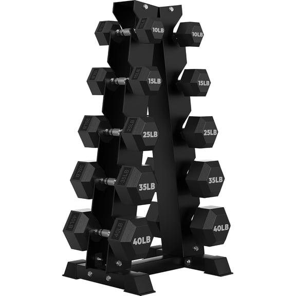 HANDBODE 250 lb Rubber Hex Dumbbell Set with A-Frame Storage Rack, 5 Pairs of 10/15/25/35/40 lb Free Weights for Home Gym Exercise and Strength Training
