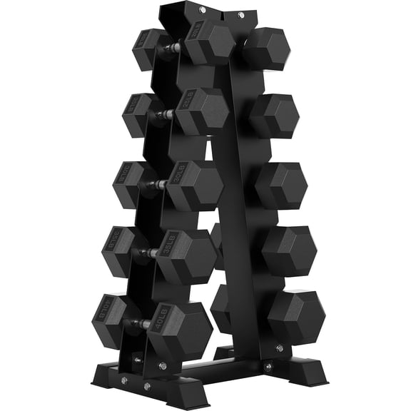 HANDBODE 300 lb Dumbbell Set Rubber Encased Hex Dumbbell Free Weights Dumbbells Set with Enlarged A-Frame Rack (Pair of 20/25/30/35/40 lb)