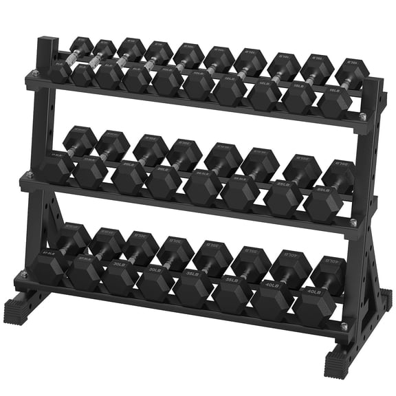 HANDBODE 535LB Hex Dumbbell Set with 3-Tier Rack, Rubber Coated 5-40 LB Free Weights for Home Gym