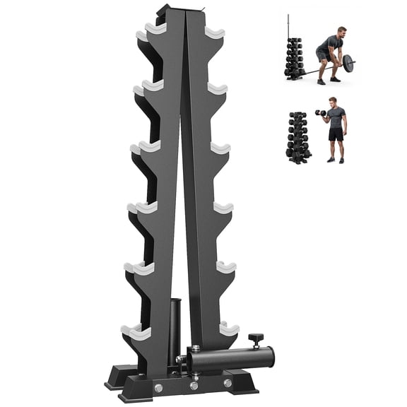 HANDBODE 6-Tier Dumbbell Rack 600 lb Capacity, A-Frame Weight Stand with Olympic Bar Holder, Heavy Duty 3-in-1 Gym Storage Organizer with Landmine