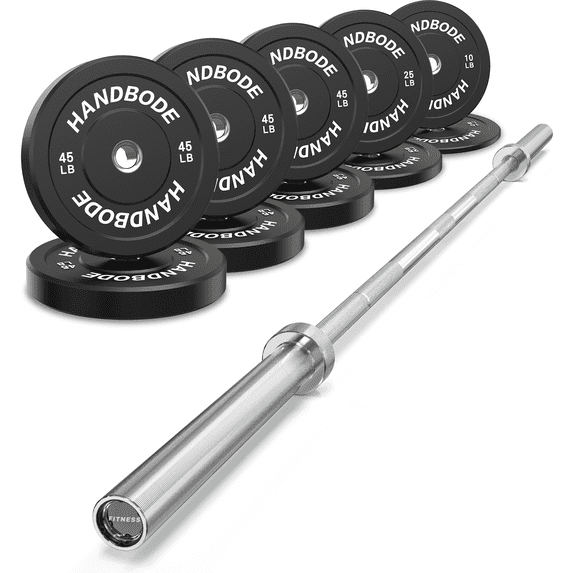 HANDBODE Bumper Plates, 340 lb Set Olympic Weight Plates, Rubber Bumper Weights Plate, Standard Strength Training Plates for Weightlifting with 45 lb (20 kg) Silver Barbell