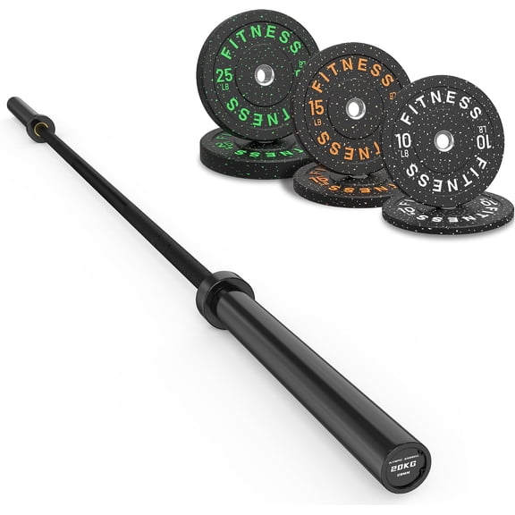 HANDBODE 100 lb High-Bounce Olympic Bumper Plate Set with 45 lb Barbell, Colored Crumb Rubber Plates for Weightlifting