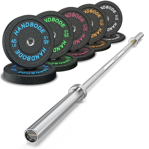 HANDBODE Bumper Plates High-Bounce Olympic Weight Plates, Colored crumb rubber plate for Weight Lifting and Strength Training 230LB Set C with 45 lb (20 kg) Silver Barbell