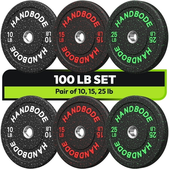 HANDBODE Bumper Plates High-Bounce Olympic Weight Plates, Colored crumb rubber plate for Weight Lifting and Strength Training 100LB