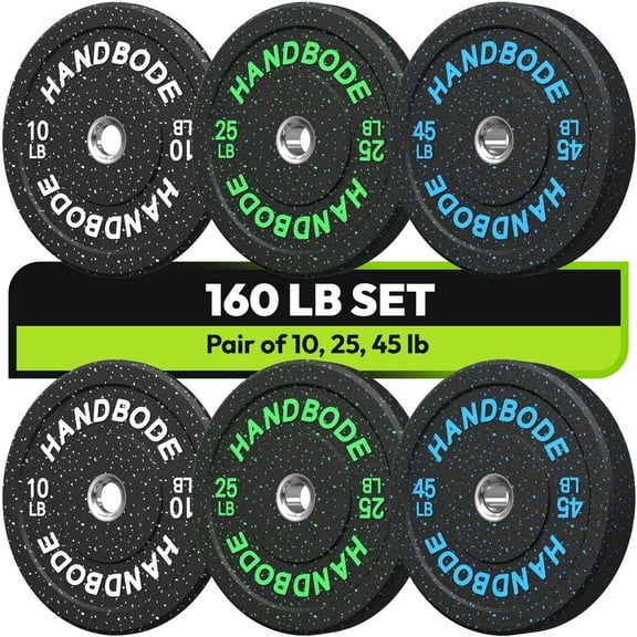 HANDBODE Bumper Plates High-Bounce Olympic Weight Plates, Colored crumb rubber plate for Weight Lifting and Strength Training 160 LB Set A