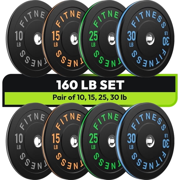 HANDBODE Bumper Plates, Olympic Weight Plates 160 lb Set B, Black Rubber Bumper Weights Plate with 2 Inch Steel Insert for Barbell, Colored Standard Strength Training Plates for Weightlifting