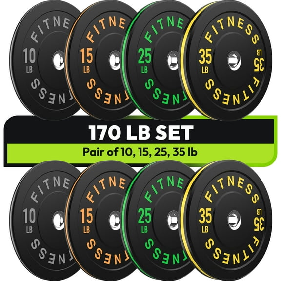 HANDBODE Bumper Plates, Olympic Weight Plates 170 lb Set, Black Rubber Bumper Weights Plate with 2 Inch Steel Insert for Barbell, Colored Standard Strength Training Plates for Weightlifting