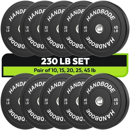 HANDBODE Bumper Plates, Olympic Weight Plates Set of 2, Rubber Bumper Weights Plate with 2 Inch Steel Insert for Barbell, Standard Strength Training Plates for Weightlifting 230 lb Set A
