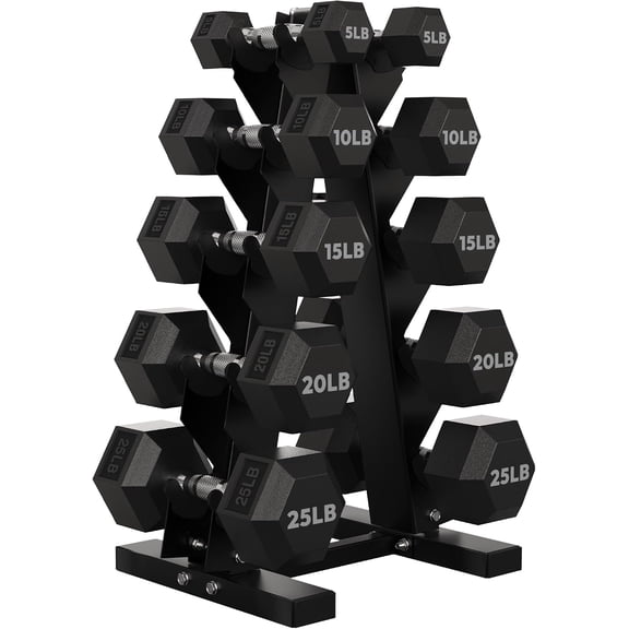 HANDBODE 150 lb Rubber-Coated Hex Dumbbell Weight Set with A-Frame Rack, 5 Pairs of 5/10/15/20/25 lb Free Weights for Home Gym Strength Training and Fitness