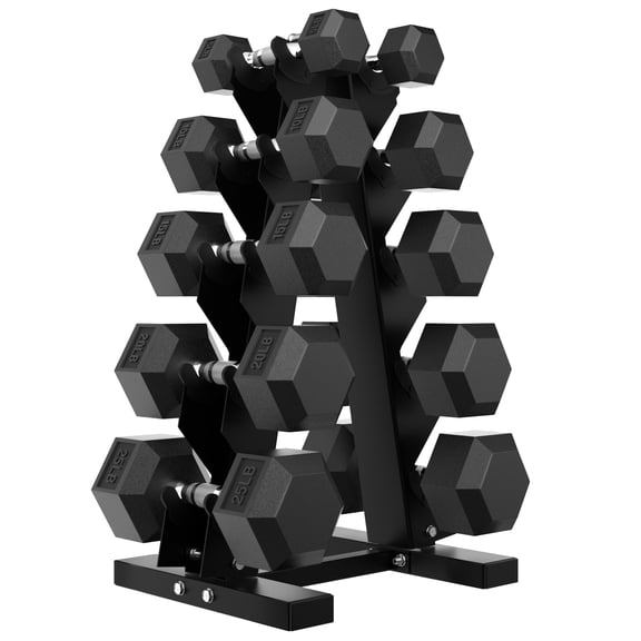 HANDBODE 150 lb Hex Dumbbell Set Rubber Encased Free Weights, Home Weight Set with Enlarged A-Frame Rack, Pair of 5/10/15/20/25 lb
