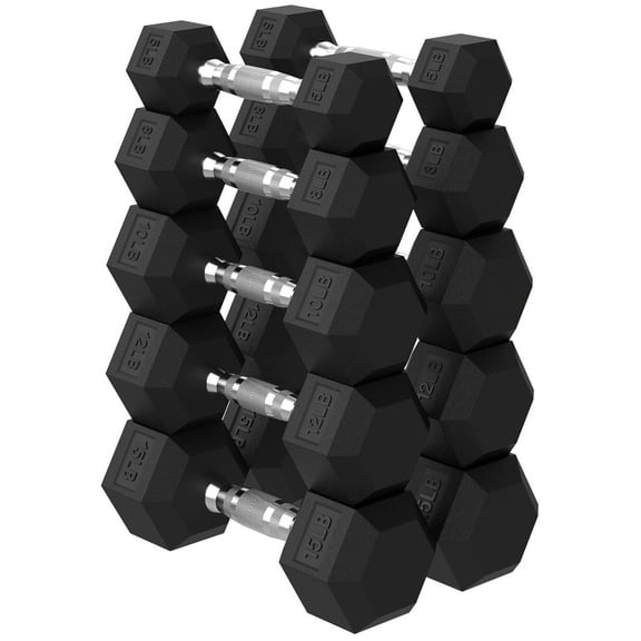 HANDBODE Hex Dumbbell 100 lb Set, 5/8/10/12/15 lb Weights Dumbbells Set of 2, Rubber Encased Exercise & Fitness Dumbbells for Home Gym, Hand Weight for Strength Training
