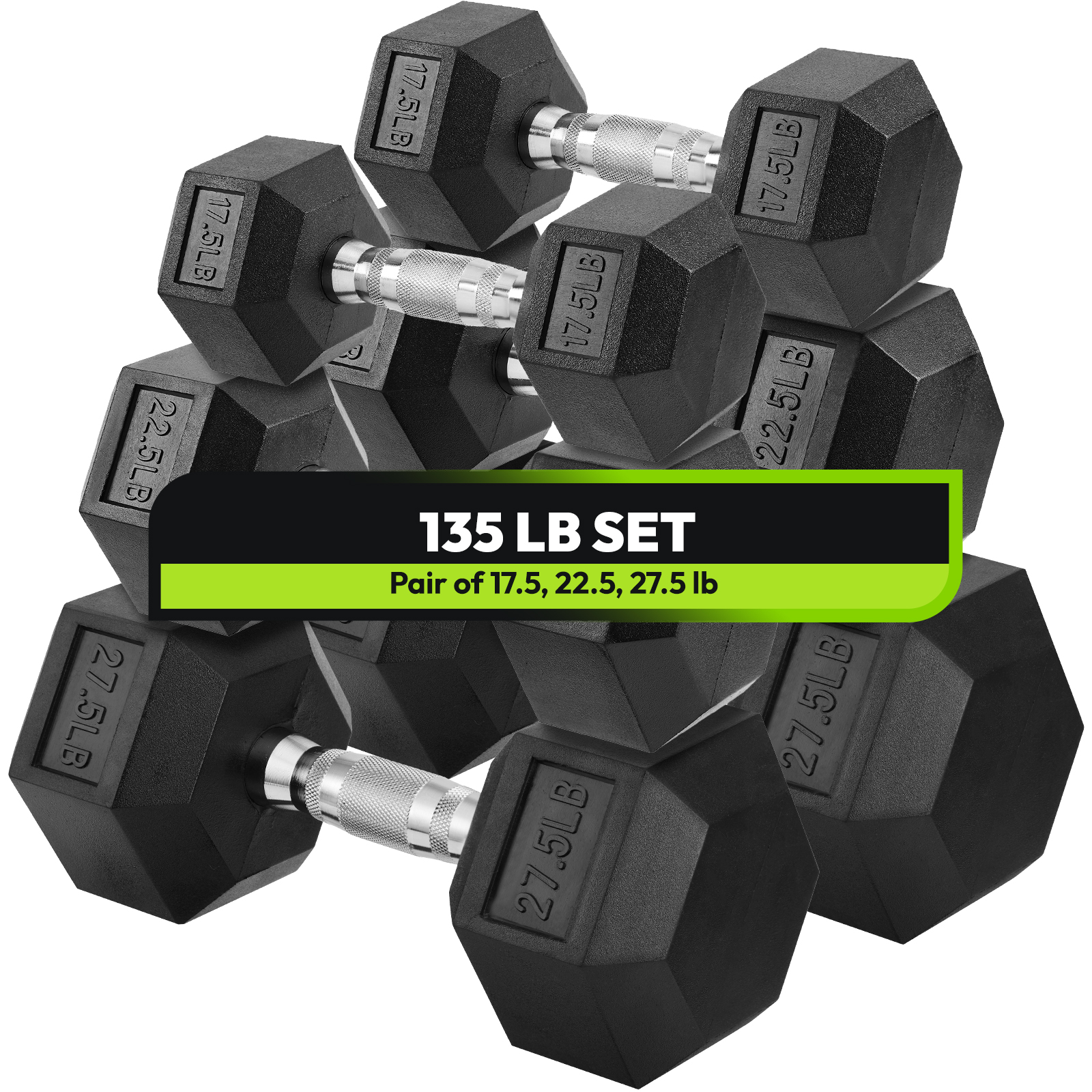 HANDBODE Hex Dumbbell 135 lb Set, 17.5/22.5/27.5 lb Weights Dumbbells