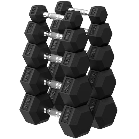 HANDBODE Hex Dumbbell 170 lb Set, 5 / 10 / 15 / 25 / 30 lb Weights Dumbbells Set of 2, Rubber Encased Exercise & Fitness Dumbbells for Home Gym, Hand Weight for Strength Training