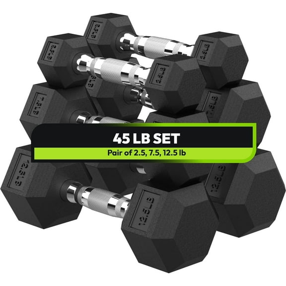 HANDBODE Hex Dumbbell 45 lb Set, 2.5/7.5/12.5 lb Weights Dumbbells Set of 2, Rubber Encased Exercise & Fitness Dumbbells for Home Gym, Hand Weight for Strength Training
