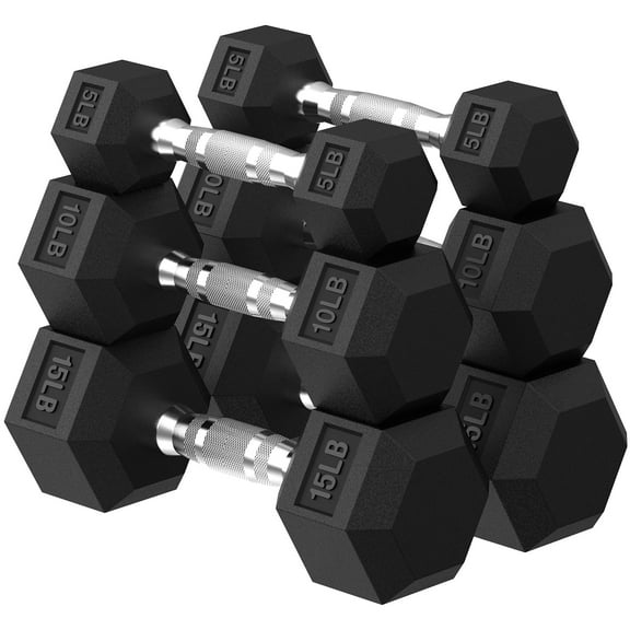 HANDBODE Hex Dumbbell 60 lb Set, 5 / 10 / 15 lb Weights Dumbbells Set of 2, Rubber Encased Exercise & Fitness Dumbbells for Home Gym, Hand Weight for Strength Training