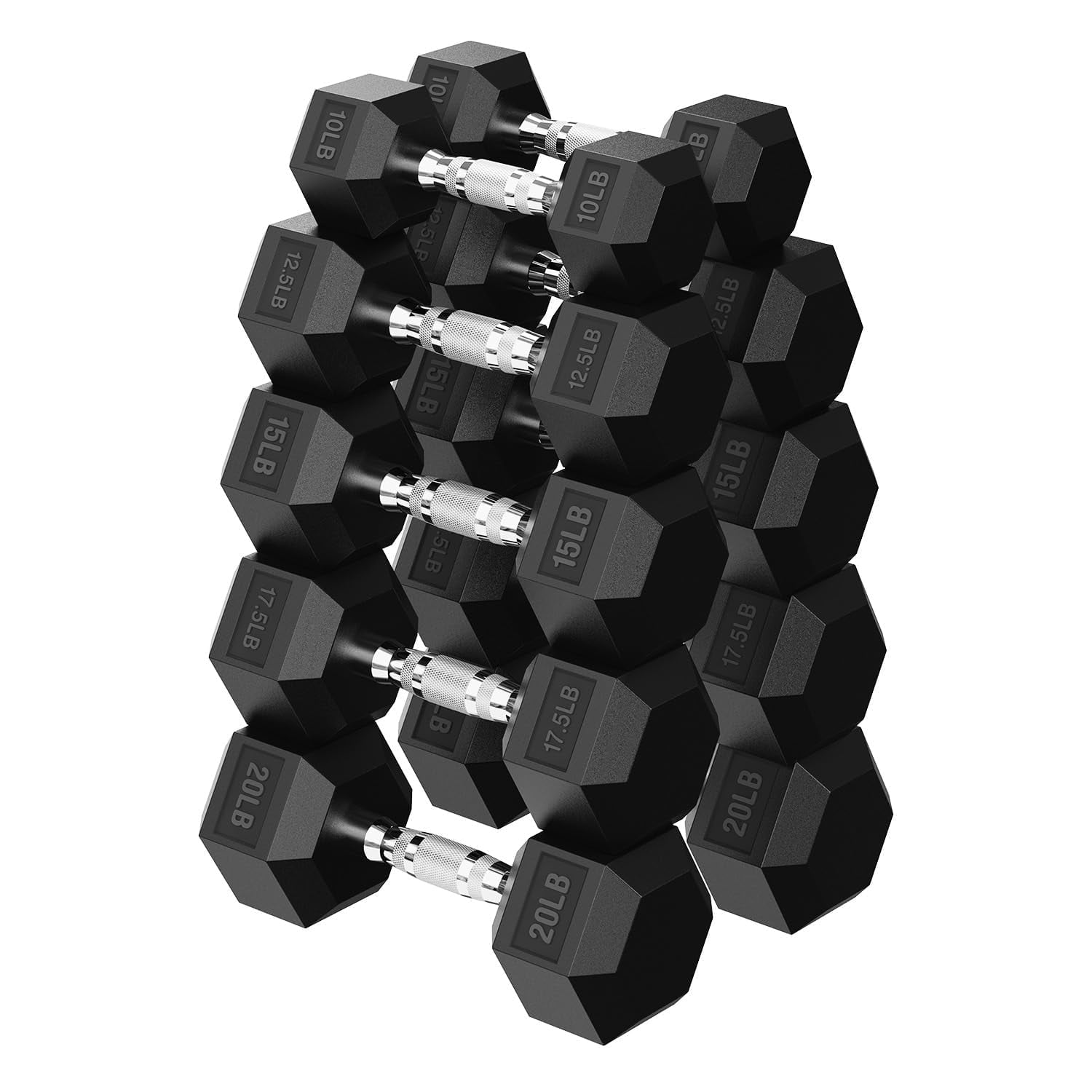 HANDBODE Hex Dumbbell Set 150 lb, 10/12.5/15/17.5/20 lb Dumbbells Set of 2, Space-Saving Design, Durable Rubber-Encased & Ergonomic Hand Weights for Home Gym, Strength Training and Fitness