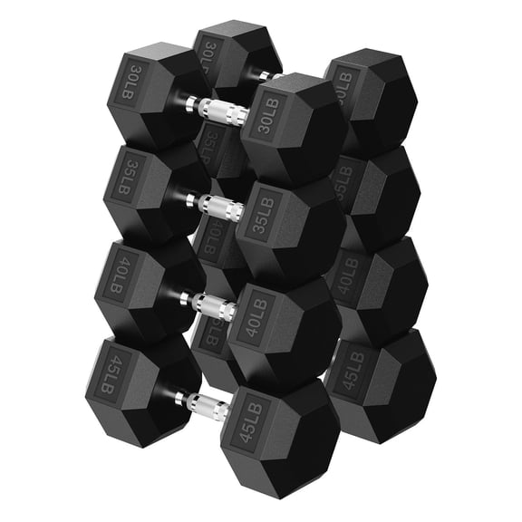 HANDBODE Hex Dumbbells, 300 lb Total Weight, Rubber-Encased, Set of 8, 30/35/40/45 lb