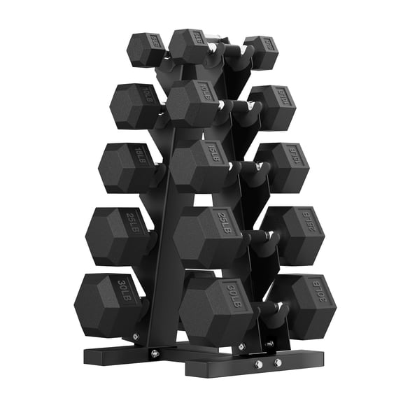 HANDBODE Hex Rubber Dumbbell Set, Non-Slip Handle Design for Secure & Comfortable Grip, Hand Weights with Rack for Strength Training and Home Gym / 170 LB (Pair of 5, 10, 15, 25, 30 lb)