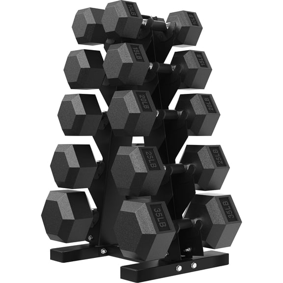 HANDBODE Hex Rubber Dumbbell Set, Non-Slip Handle Design for Secure & Comfortable Grip, Hand Weights with Rack for Strength Training and Home Gym / 210 LB
