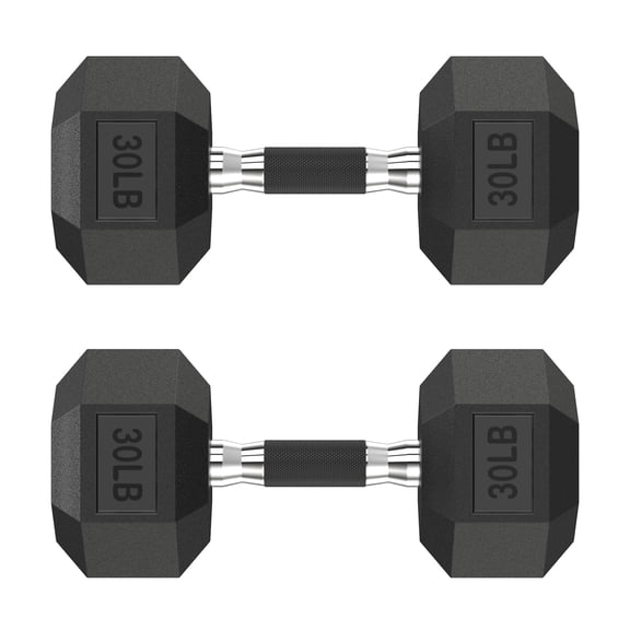 HANDBODE Hex Rubber Dumbbells, Non-Slip Handle Design for Secure & Comfortable Grip, Hand Weights for Strength Training and Home Gym / Pair of 30 LB