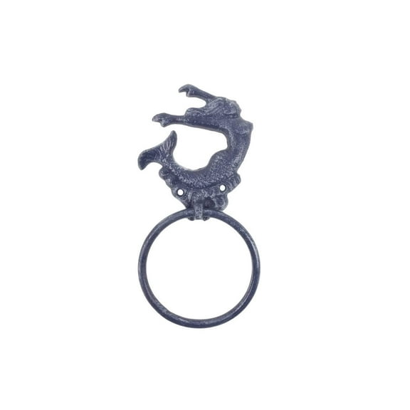 HANDCRAFTED NAUTICAL DCOR Rustic Dark Blue Cast Iron Arching Mermaid Towel Holder 9"