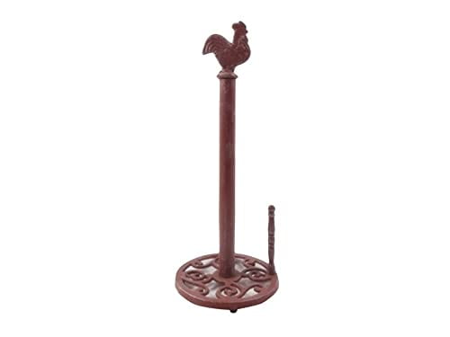 HANDCRAFTED NAUTICAL D√âCOR Rustic Red Whitewashed Cast Iron Rooster Paper Towel Holder 15"