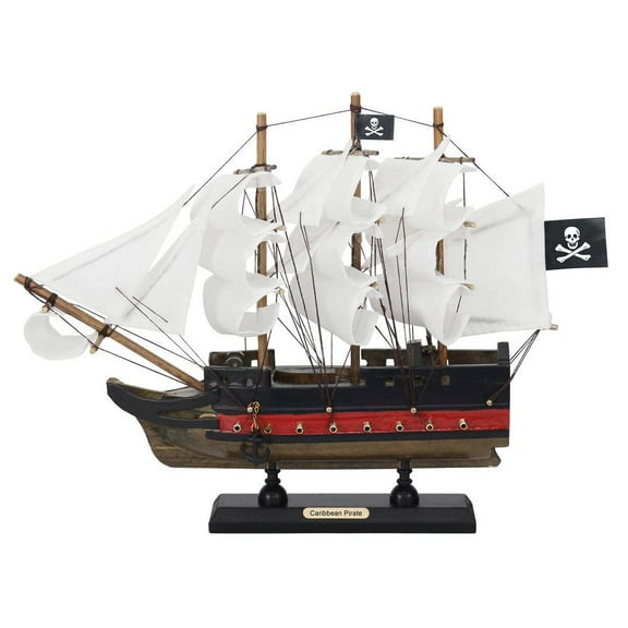 HANDCRAFTED NAUTICAL D√âCOR Wooden Caribbean Pirate White Sails Limited Model Pirate Ship 12"